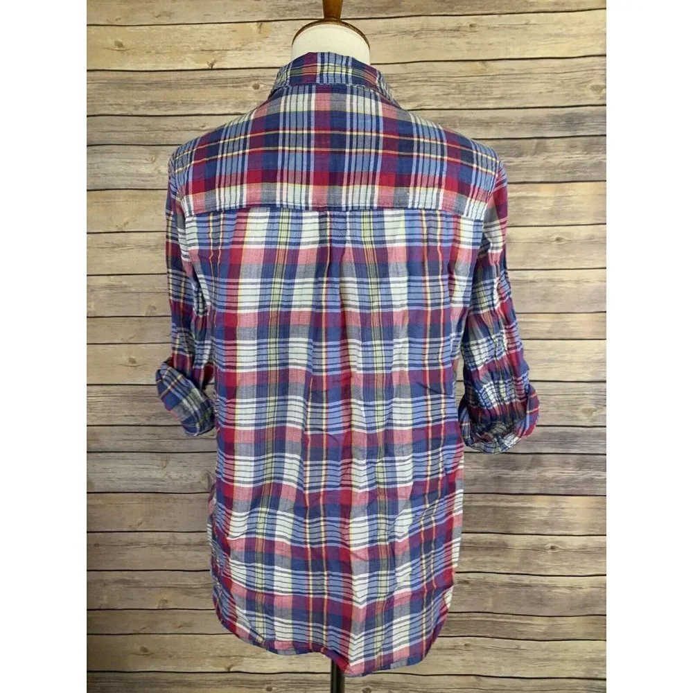 American Eagle Womens M Vintage Boyfriend Plaid Top Button Front Tabbed Sleeves - Picture 6 of 10